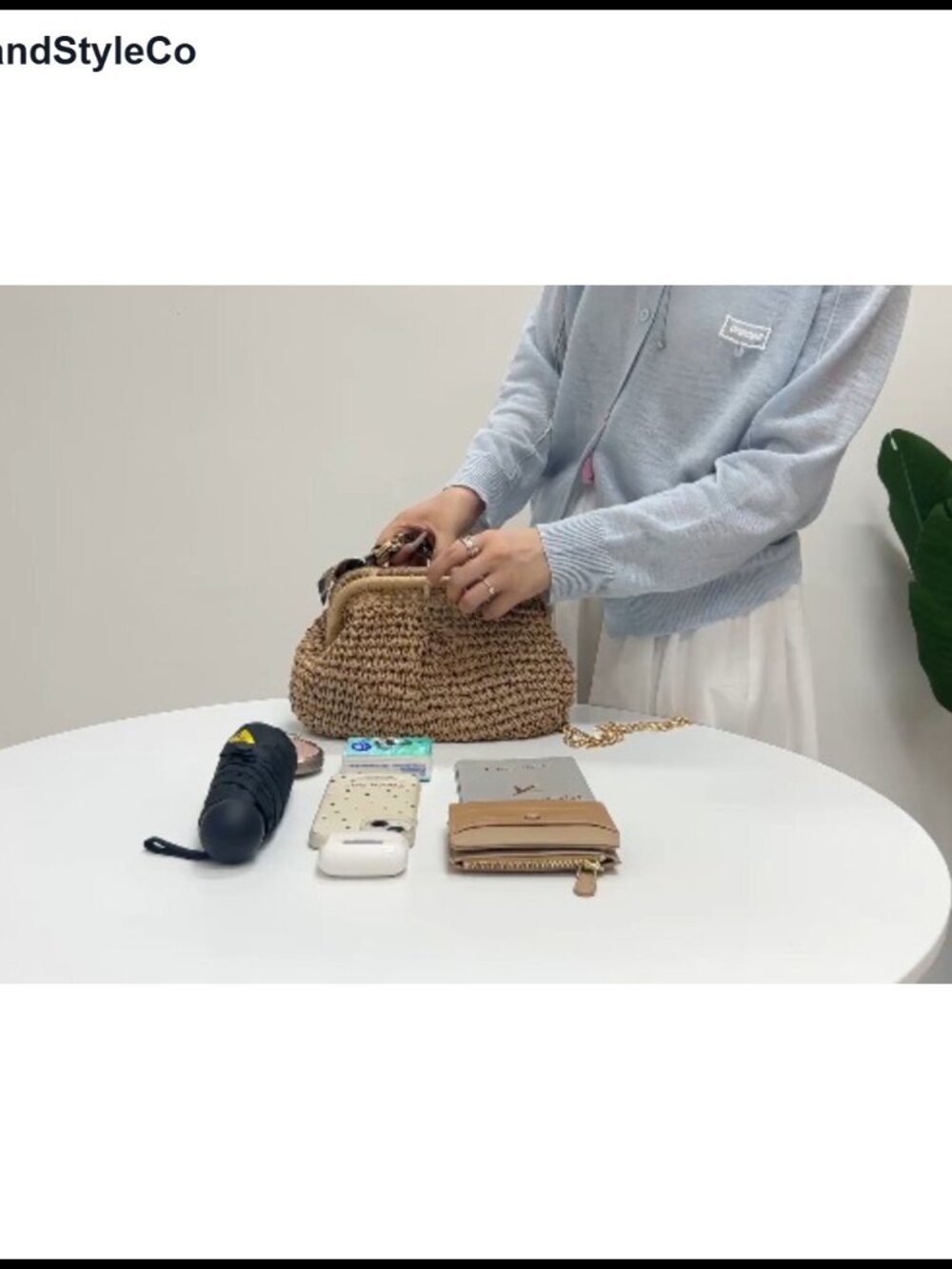 Straw Dumpling Clutch Crossbody Bag with Pearl Chain and Silk Scarf Chain - Picture 6 of 6